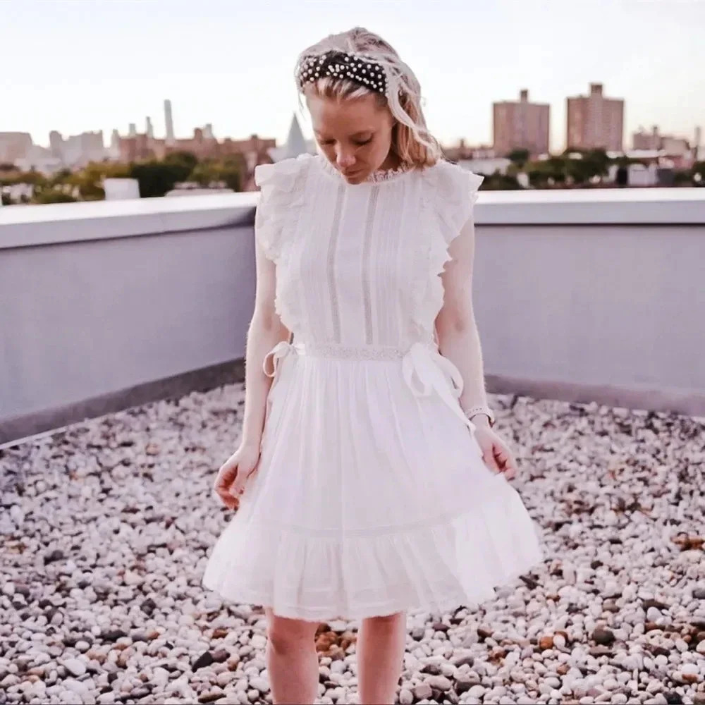 Ulla Johnson Women's White 100% Cotton Henriette Pleated Mini Dress with Ruffles
